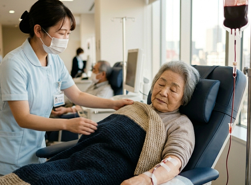 明るい外来処置室で患者が点滴チェアに座り輸血を受けている穏やかな医療シーン