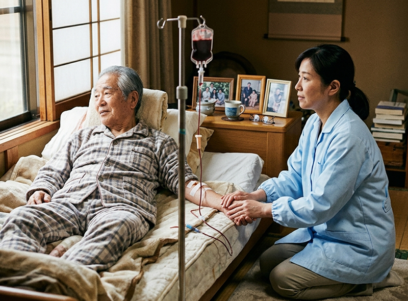 医師が自宅のベッドで療養する高齢患者に訪問して輸血を行っている温かみのある在宅医療のシーン