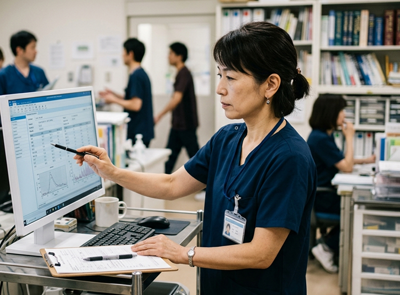 医師がデータを確認しながら輸血適応を慎重に判断している医療専門家のシーン